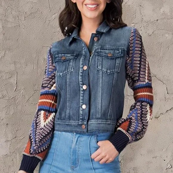 Flying Tomato Size Medium Boho Sweater Sleeve Denim Jacket - Picture 5 of 10